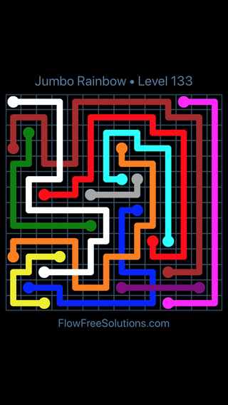 Solution and Answer to the Puzzle for Flow Free: Bridges Jumbo Rainbow 10 X 10 To 14 X 14 Level 133