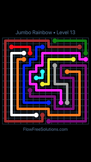 Solution and Answer to the Puzzle for Flow Free Jumbo Rainbow 10 X 10 To 14 X 14 Level 13